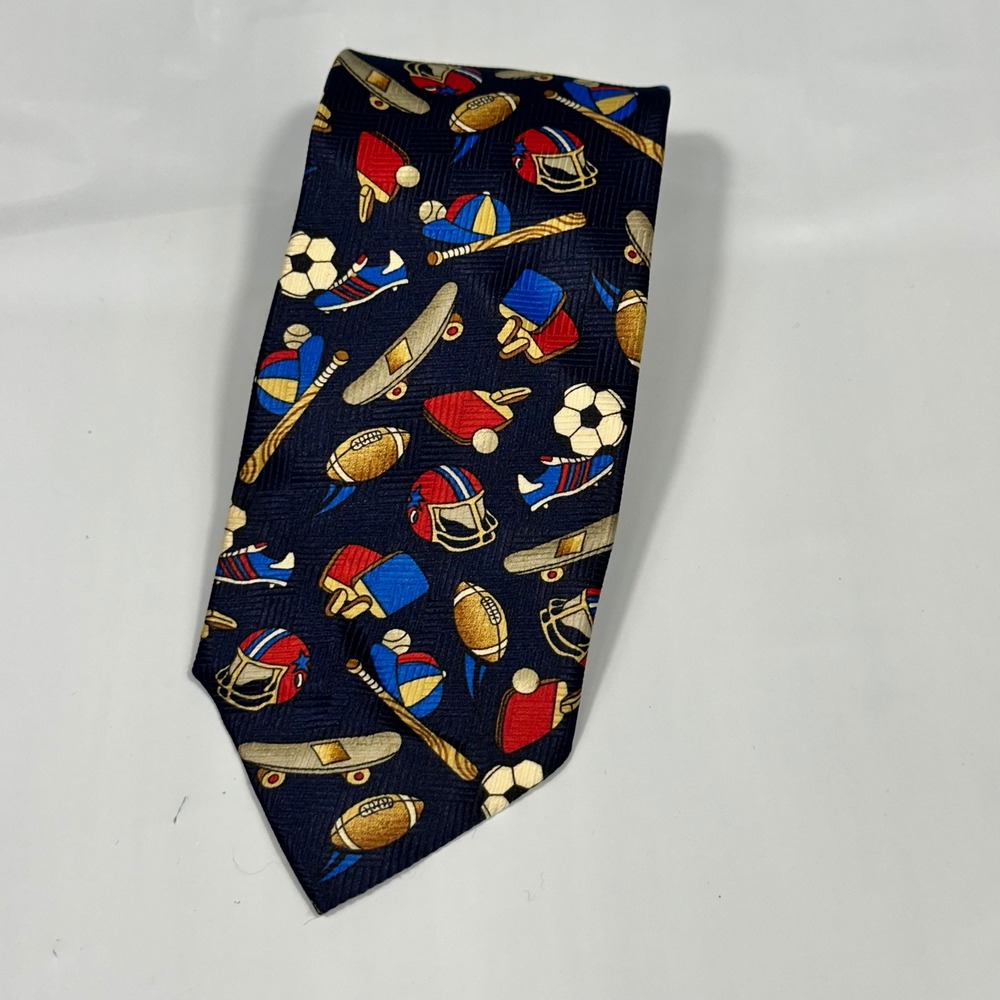 Corner Stone Necktie Kids OS Navy Blue Sports Print Novelty‎ Silk Feel Excellent